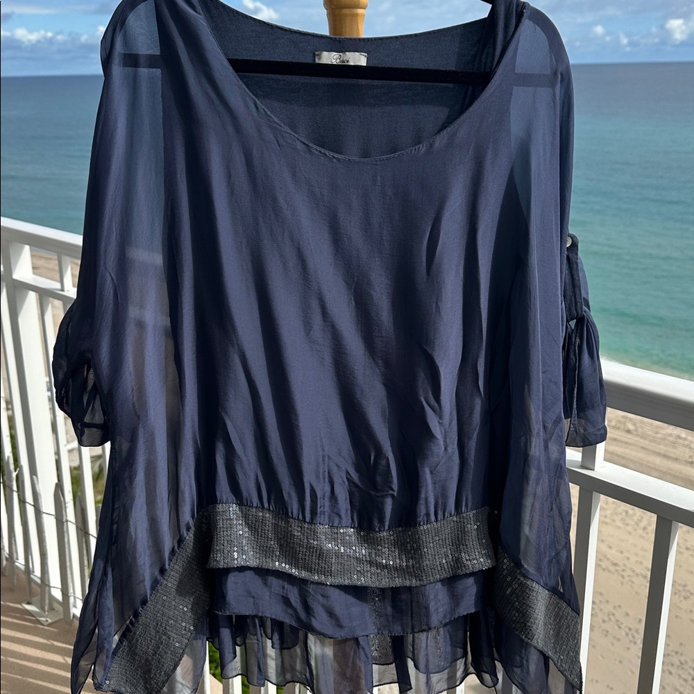 Navy Sheer BACI flowing Blouse with exquisite Sequin Trim